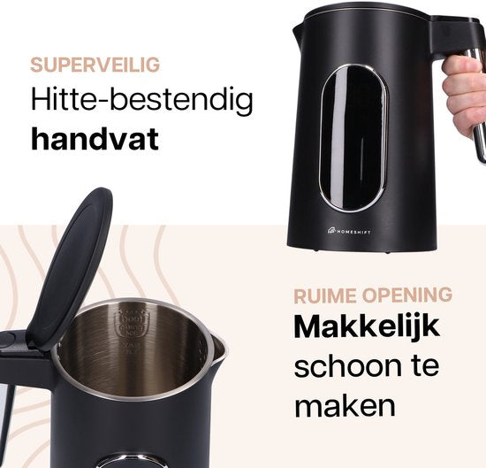 HomeShift® Wasserkocher mit Temperaturkontrolle - Warmhaltefunktion - Doppelwandig - Elektrisch - 1,7 Liter - 2200W - Schwarz