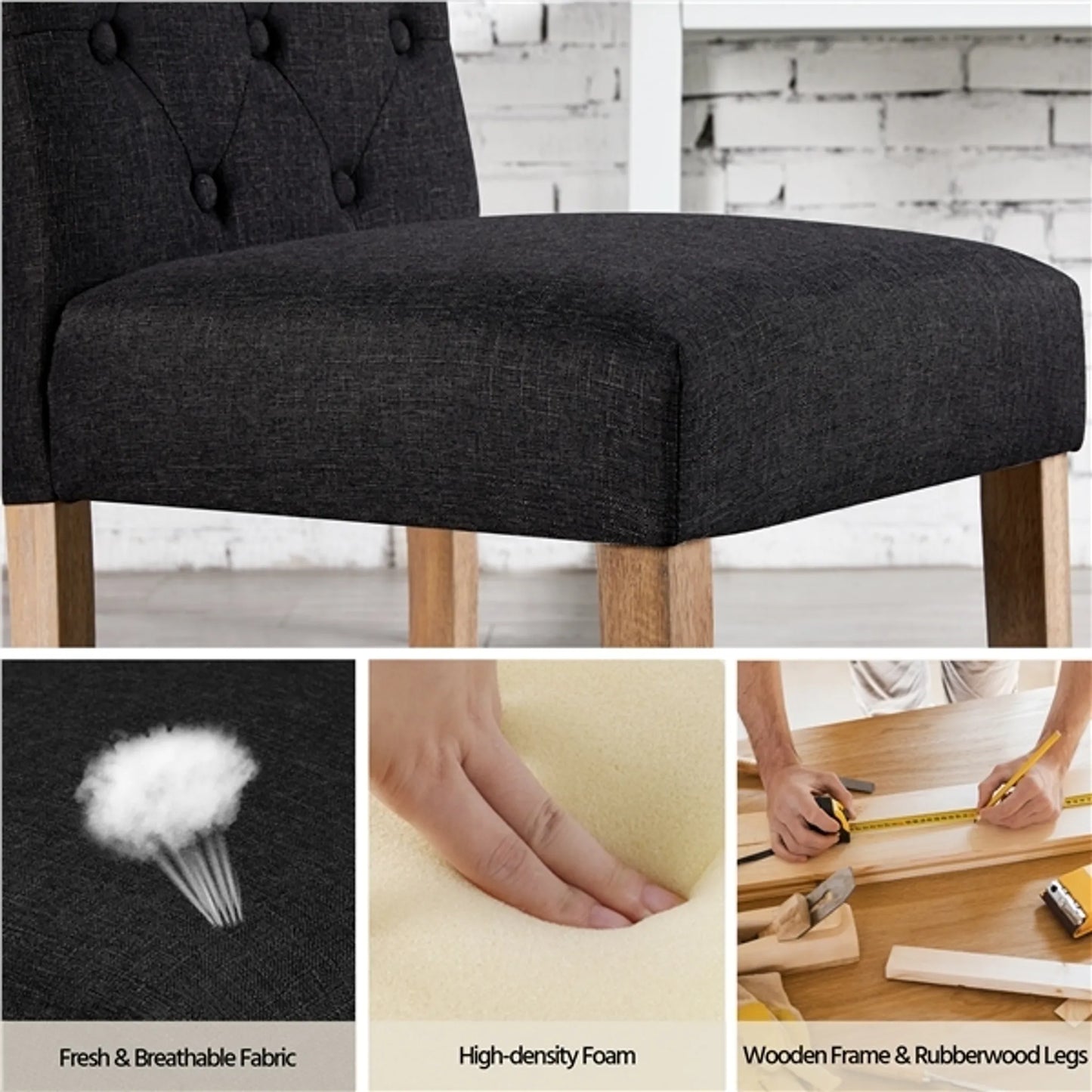 Yaheetech Esszimmerstuhl mit hoher Rückenlehne 2 Stück - Mit gepolsterter Rückenlehne und massiven Eichenbeinen und verstellbaren Schutzbeinen - Für Küche und Restaurant - Schwarzes Polyester und Eiche - 45,5 x 62 x 98,5 cm