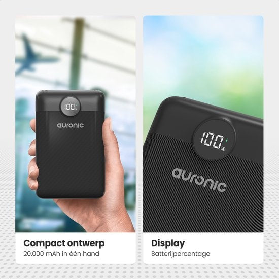 Auronic Powerbank - Schnellladegerät für iPhone und Samsung - 20.000 mAh - 22,5 W - 3 Ladeanschlüsse - Schnellladen über USB-A und USB-C - Schwarz