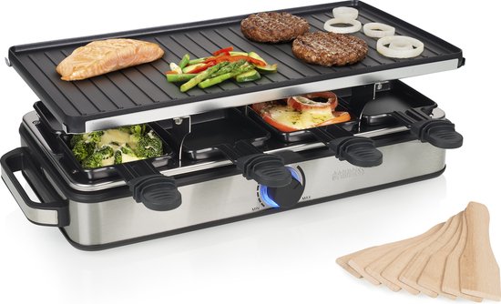 Princess Gourmet-Set 162645 – Raclette für 8 Personen – Einstellbarer Thermostat – 1400 W – 2 Meter langes Kabel – Wendbare Bratplatte – 8 Pfännchen – Edelstahl