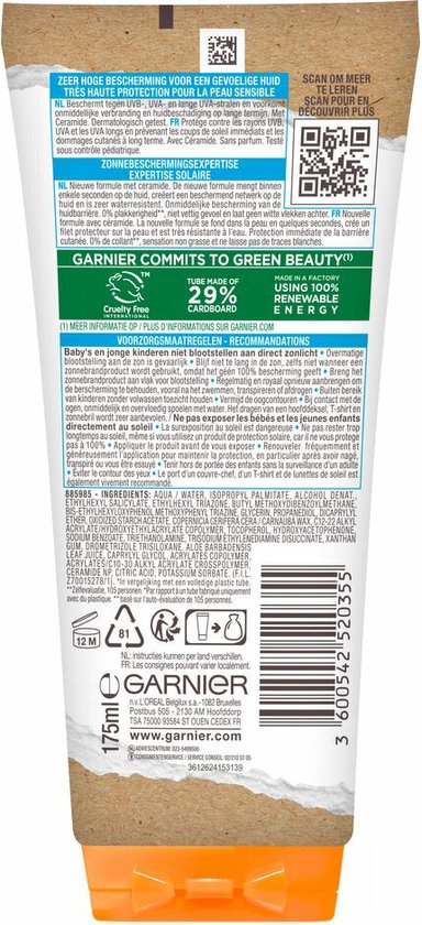 Garnier Ambre Solaire Sensitive Expert+ LSF 50+ – Hypoallergene Sonnencreme für empfindliche Haut mit Ceramide Protect – 175 ml