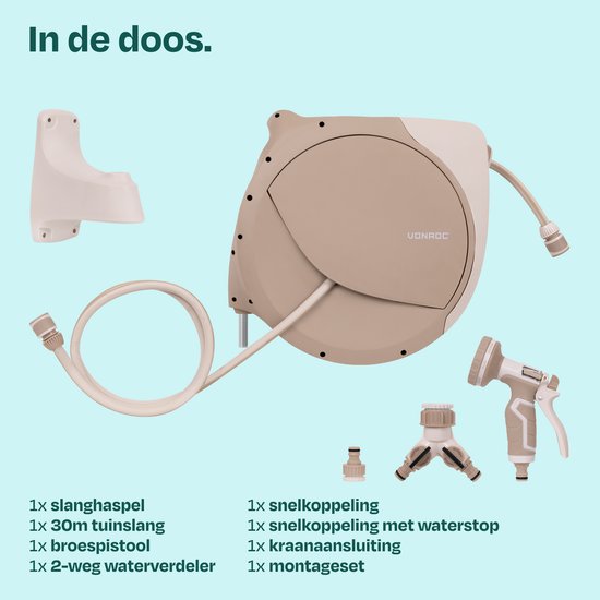 VONROC Automatischer Gartenschlauchaufroller – Gartenschlauchbox zur Wandmontage – inkl. 30 m Premium-Gartenschlauch, Spritzpistole mit 8 Sprühstufen und Anschlüssen – beige