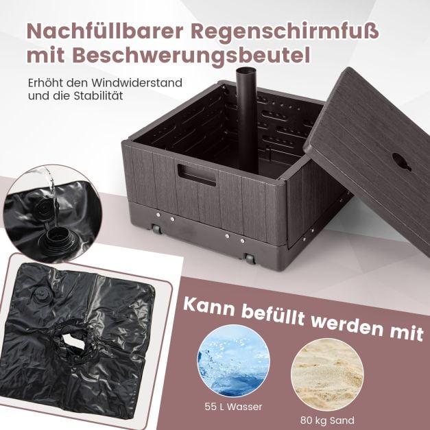 Coast 3-in-1-Sonnenschirmständer mit Tischplatte und Rollen – Befüllbarer Sonnenschirmständer für Ø 38/48 mm – Schwarz/Braun