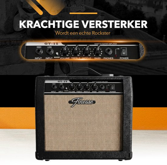 Finesse E-Gitarre mit Verstärker – inklusive Videokurs – TE-Gitarre – Erwachsene – Kinder – Schwarz
