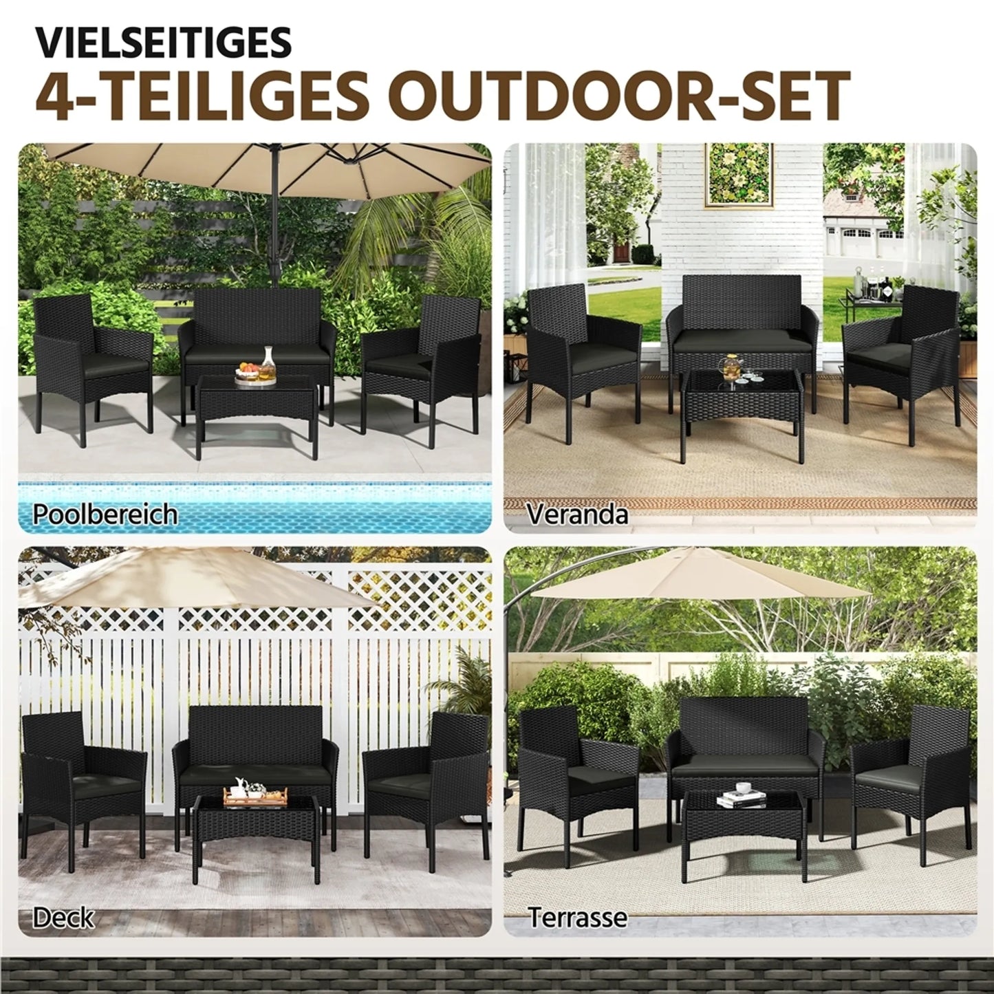 Yaheetech Garten-Set Lounge-Set 4-teilig - 100 x 59,5 x 83,5 cm - Ausgestattet mit handgeflochtenem PE-Rattan und Glastischplatte und waschbaren Kissen - Für Garten und Balkon - Schwarzes Polyethylen und Metall