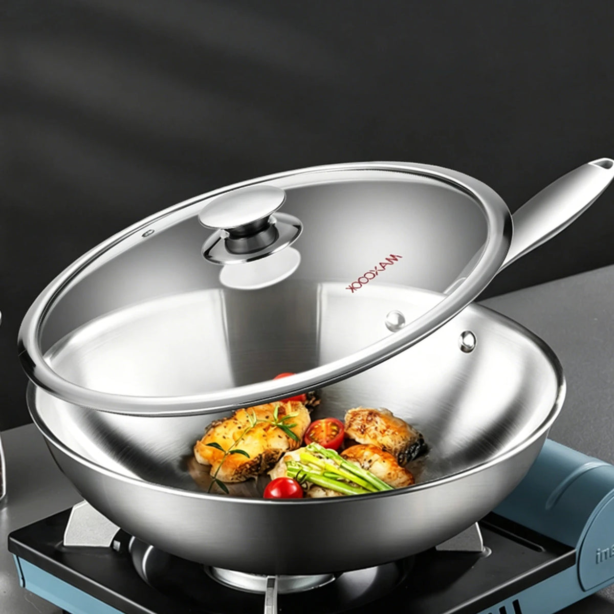 Maxcook MCC7911 Edelstahl-Wokpfanne 28 cm mit Glasdeckel