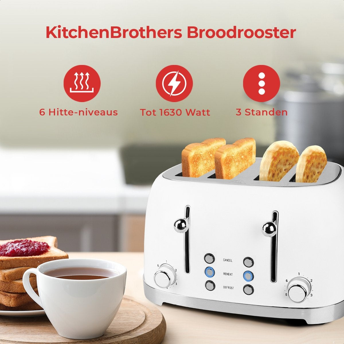 KitchenBrothers Retro-Toaster - 6 Heizstufen - 4 extra breite Schlitze - 1630W - Aufwärm- und Auftaufunktion - Weiß