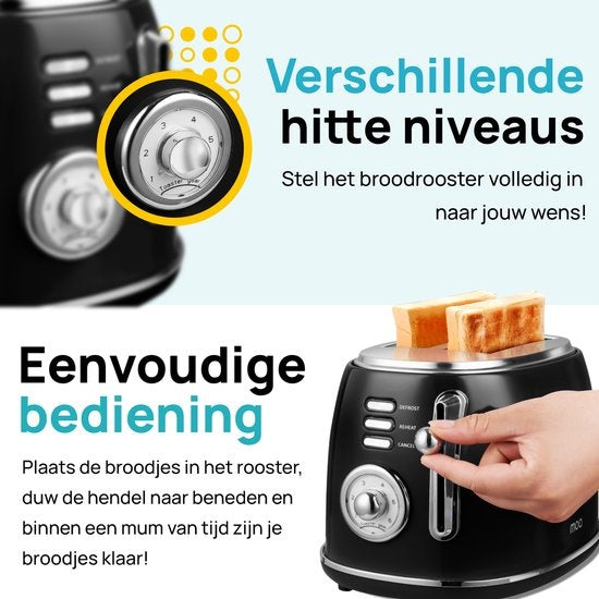 MOA Retro-Toaster - 6 Heizstufen - 2 extra breite Schlitze - 850W - Aufwärm- und Auftaufunktion - Schwarz - T3B