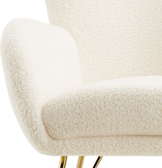 tectake® Swing Schaukelstuhl - gepolsterter Bouclé-Sessel mit Stahlgleitern und extra dickem Sitzkissen - skandinavisches Design, pflegeleicht und ergonomisch - creme/gold