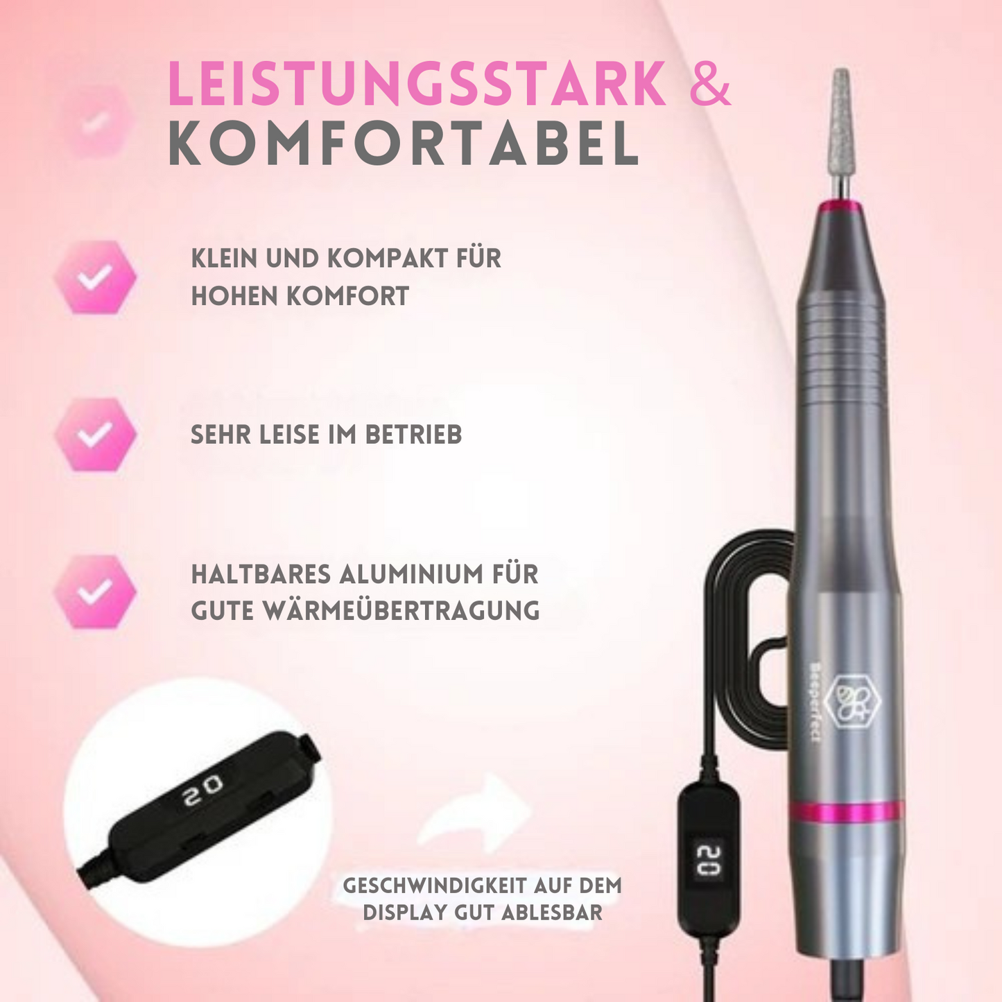 Beeperfect® - Elektrische Nagelfeile - Maniküre- und Pediküreset - 12 Bits und 60 Schleifrollen - Grau