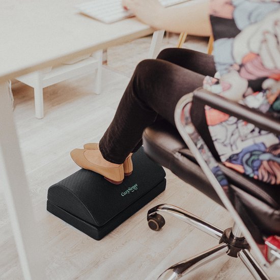 CozySense® Fußstütze Schreibtisch - Ergonomischer Fußhocker - Geeignet für Zuhause oder im Büro - Fußkissen - 2 verstellbare Höhen - Anti-Rutsch - Bezug mit Massagefunktion - Waschbar - Schwarz