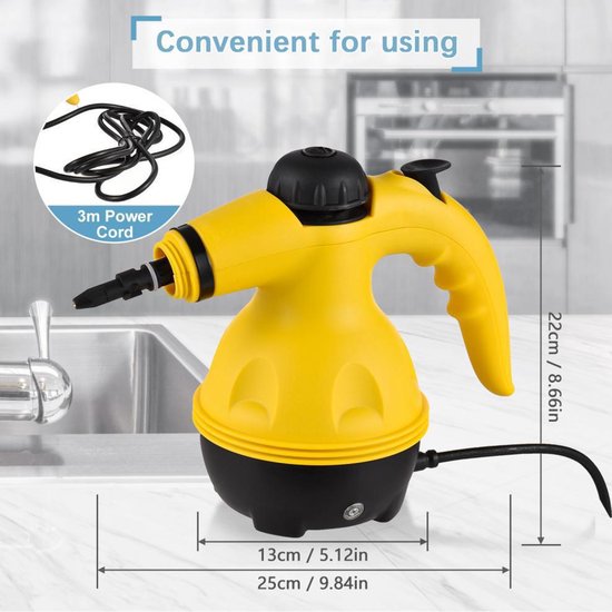 Fuegobird A001 Handdampfreiniger – 1000 W Handdampfreiniger – Fleckenentferner – Teppichreiniger – 9 Aufsätze – Fußböden, Sofa, Teppich, Bad & Küche – 450 ml Tank – Gelb
