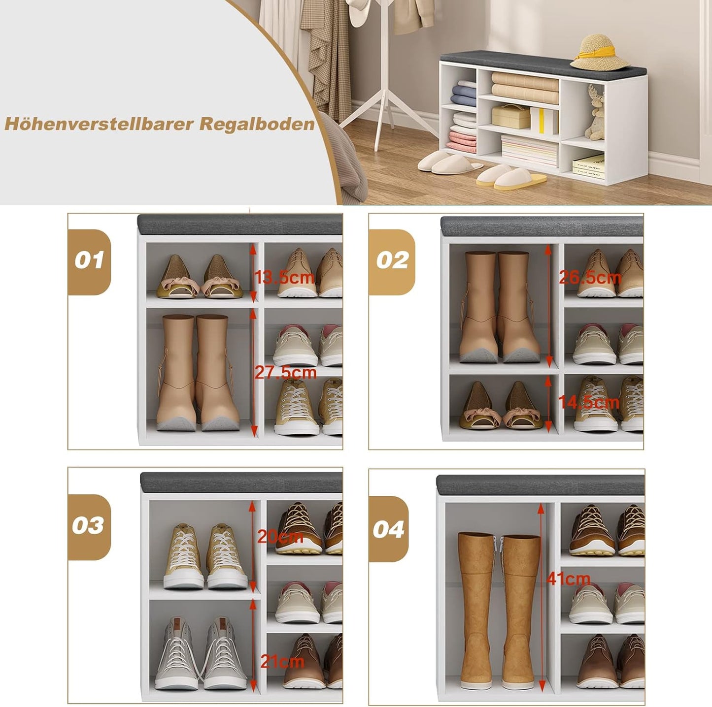 WOLTU Schuhbank Weiß – 7 Fächer – 103,5 x 48 x 30 cm