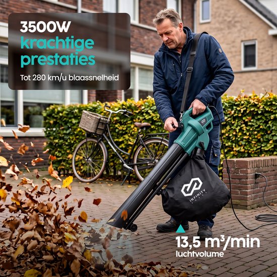 Infinity Goods Elektrischer Laubbläser und -sauger – 3500 W – Häckselfunktion – 45-Liter-Auffangbeutel – mit Kabel – 280 km/h Luftgeschwindigkeit