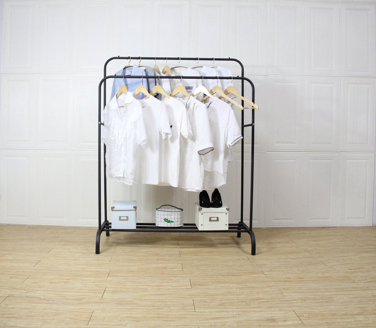 O'DADDYÂ¬Ã† Kleiderständer Metall xl - Kleiderständer schwarz - bis 25 kg pro Rohr - Doppelkleiderstange - Garderobenständer mit Schuhablage - Kleiderständer doppelt - 110 x 54 x (130-150) cm