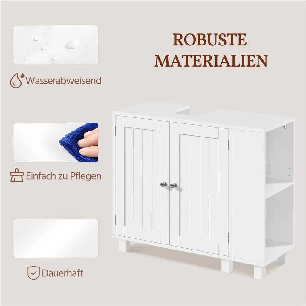 Yaheetech Waschbeckenunterschrank 75 x 30 x 62 cm – Weiß – Mit 4 Fächern, offenen Regalböden und Handtuchhalter