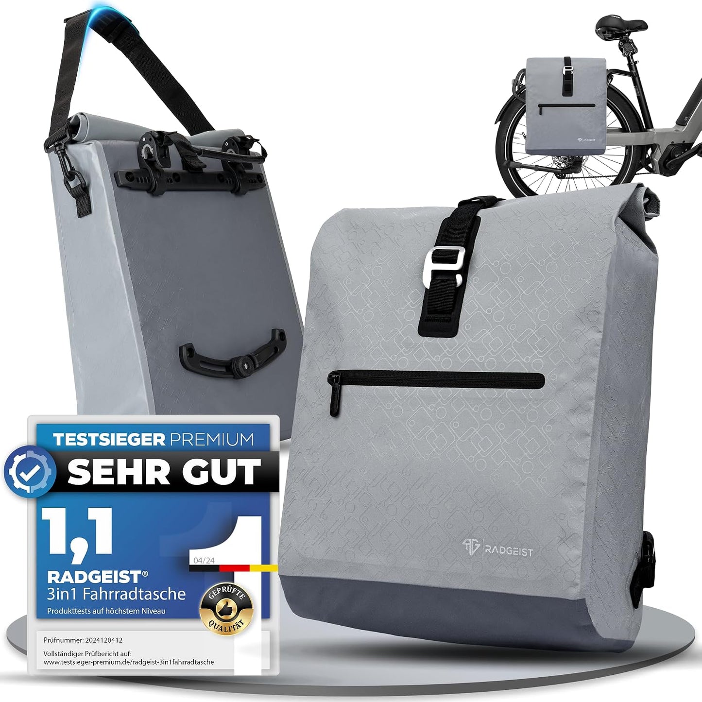 Radgeist Fahrradtasche für Gepäckträger 2-in-1 – Umhängetasche – 100 % wasserdicht – 20 Liter – Grau