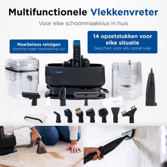 Qclean® Teppichreiniger GO+ 1800 W - All-in-1-Dampfreiniger & Fleckenentferner – Für Teppiche, Möbel, Küche und Bad – Selbstreinigend – Sitzmöbelreiniger – Sofarreiniger – Reinigungsgerät – Wasserstaubsauger – Inkl. Reinigungsmittel