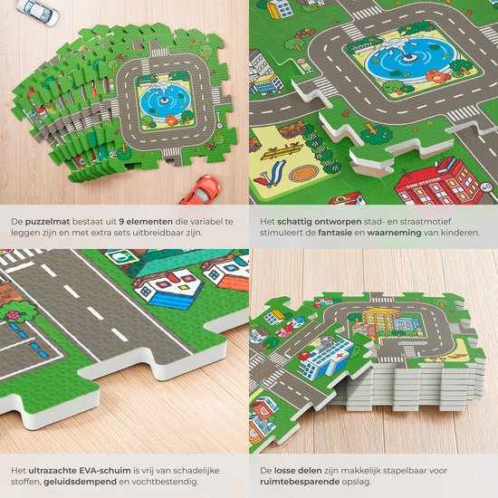 tectake® - Spielmatte - Schaumstoffspielmatte - Spielmatte Baby - Stadt und Straßen - 90 x 90 cm - 9-teilige Puzzlematte - Rutschfest - Geräuschabsorbierend und feuchtigkeitsbeständig
