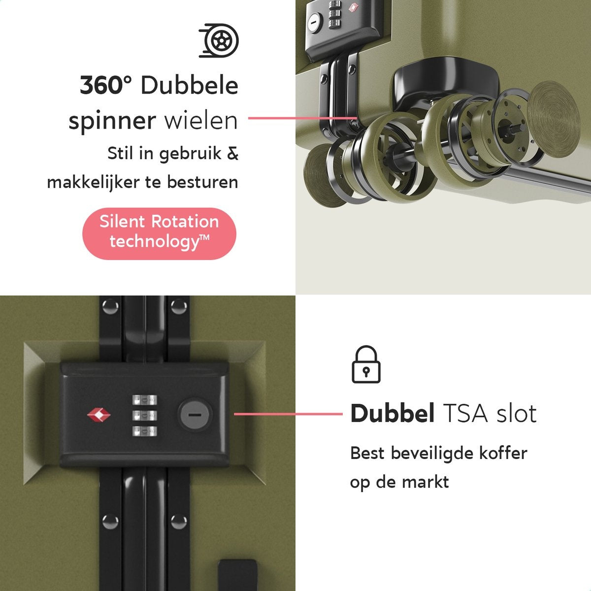 ONYXÂ® Check-in Koffer 65L - TSA-Schloss - Spinner-Räder - Leichter Trolley - Aluminiumverschluss - Olivgrün
