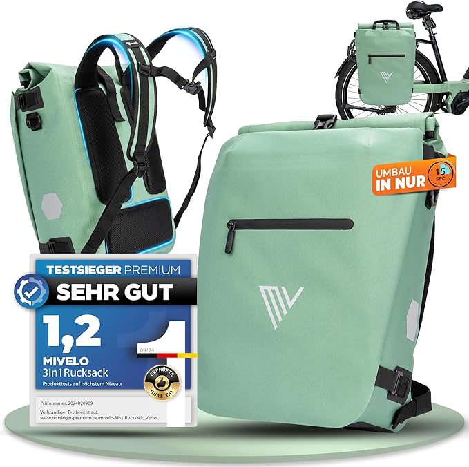 MIVELO Pannier - 3-in-1-Rucksack & Umhängetasche - Wasserdicht - 20 Liter - Mint