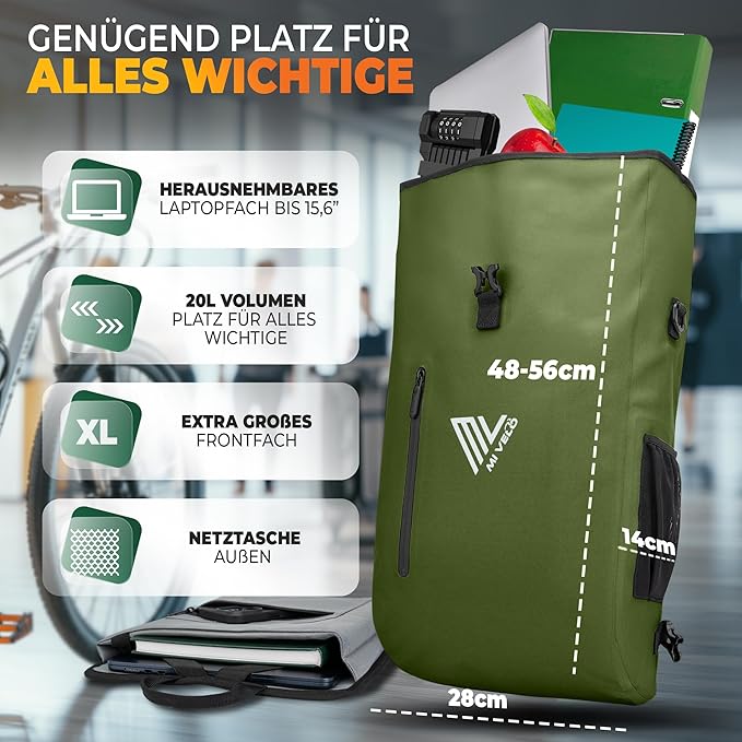 MIVELO - 3-in-1 Wasserdichte Packtasche mit Laptopfach - Olivgrün - 20L