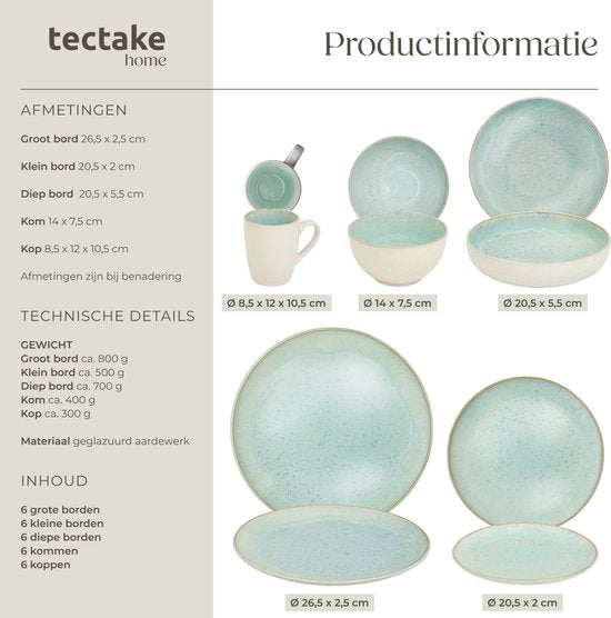 tectake® Geschirrset Mare – 30-teilig – Steingut mit glänzender Glasur - Für 6 Personen - Handgefertigtes Geschirr - Modernes Geschirrset mit großen und kleinen Tellern, Schüsseln, Schälchen und Tassen - Spülmaschinen- und mikrowellengeeignet - Münze