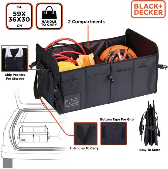 BLACK+DECKER Kofferraum-Aufbewahrungsbox – 59 x 36 x 30 cm – 2 Fächer – Zusätzliche Seitentaschen – Mit Griffen – Schwarz