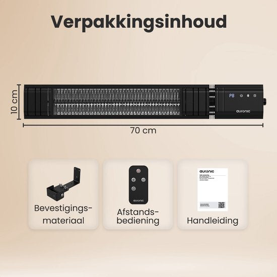Auronic Terrassenstrahler - Infrarotheizung - Touch Display - 10m2 - Elektrisch - 2000W - Fernbedienung - 9 Stufen - Schwarz