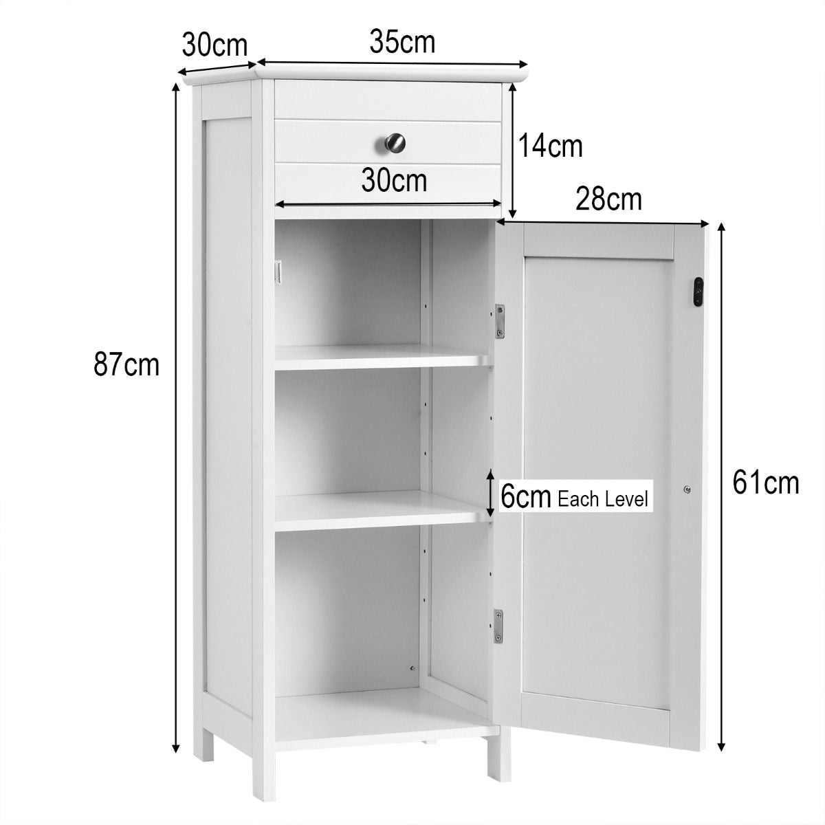 Coast Badezimmerschrank - 3 Einlegeböden und 1 Schublade - MDF - 35 x 30 x 87 cm - Weiß