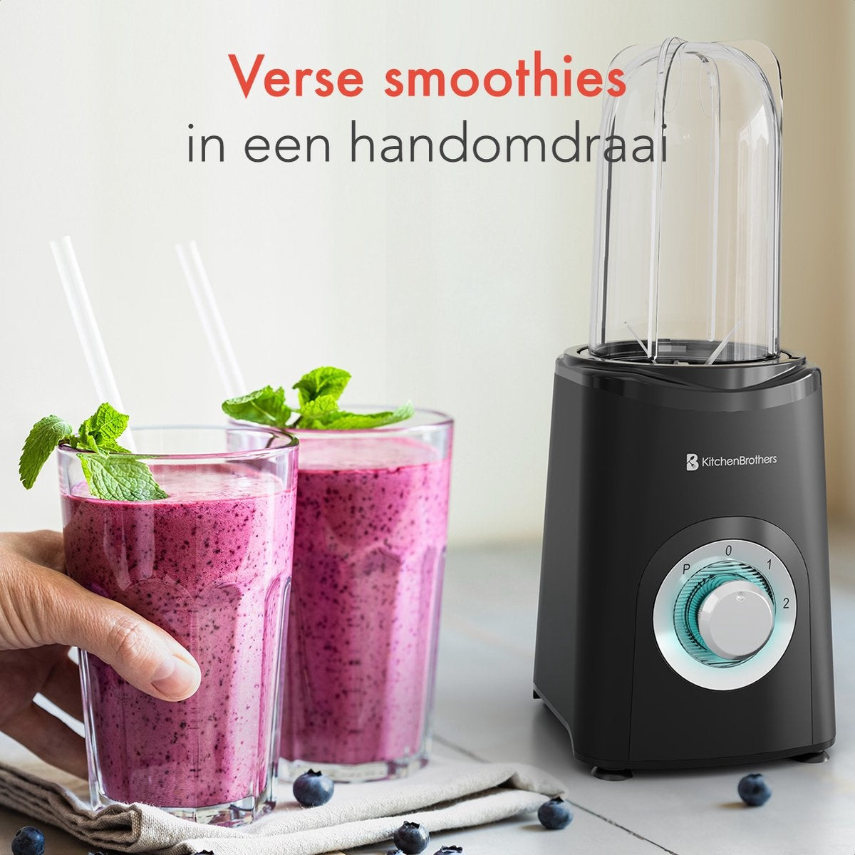 KitchenBrothers Smoothie Mixer - 2-in-1 - 4 Tassen - Smoothie Maker To Go - Mini Mixer - Schwarz