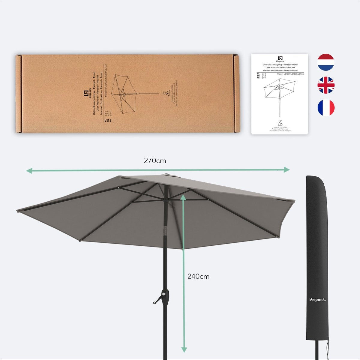 LifeGoods Sonnenschirm - 270 cm - 30° neigbar - Wasserdicht - Mit Bezug - Taupe