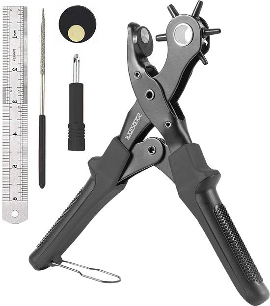 SolidStock Professionelle Lochzange für Gürtel – inklusive Messlatte – Lochzange – Revolverzange – Schwarz