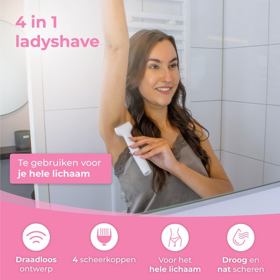 Nuvance - Ladyshave - Ladyshaves für Frauen - 4 Aufsätze - mit Augenbrauentrimmer - Bikini-Trimmer - Rasierer Frau - Lady Shave - Weiß