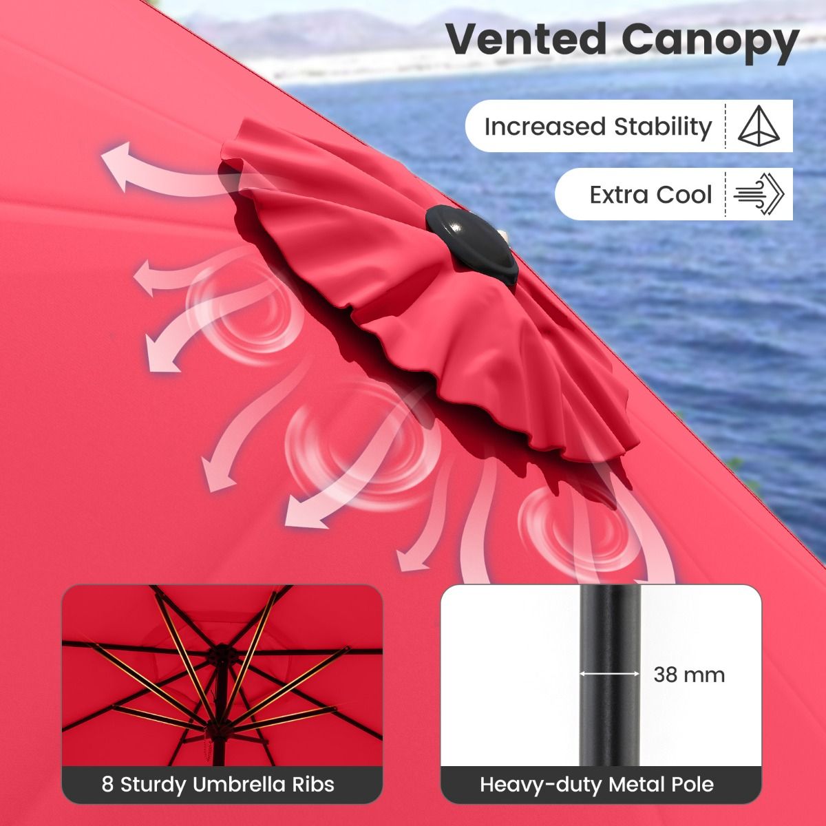 Coast Terrassen-Sonnenschirm 270 cm Weinrot - Kippbarer großer Sonnenschirm mit Kurbel, UV-Schutz und belüfteter Sonnenschirmhaube