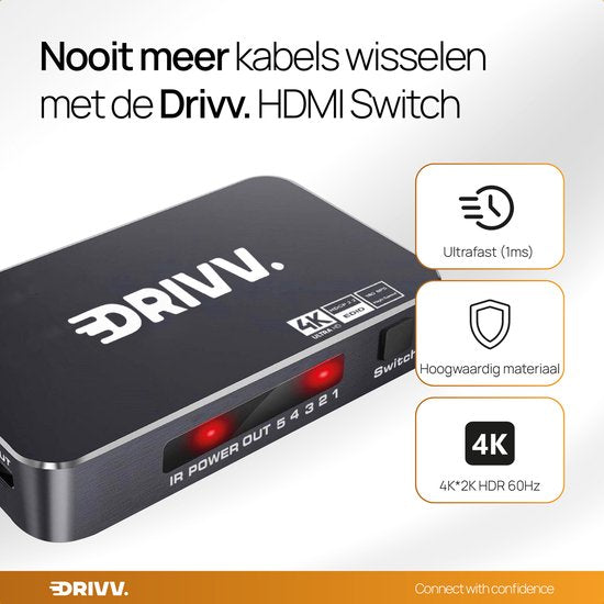 Drivv. HDMI Umschalter 4K 60Hz - 5 Eingänge 1 Ausgang - Inklusive Fernbedienung - Automatische Umschaltung - Unterstützt 720p/1080p/4K/3D - Schwarz