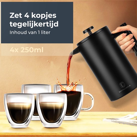 Castagnola Cafetière - Doppelwandige Kaffeemaschine - French Press - Edelstahl - 1 Liter - Schwarz