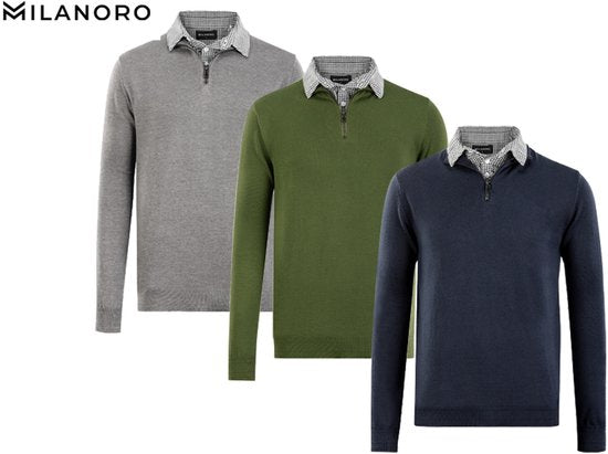 Milanoro - Herren Hemdkragenpullover mit halbem Reißverschluss - Grau - XXL