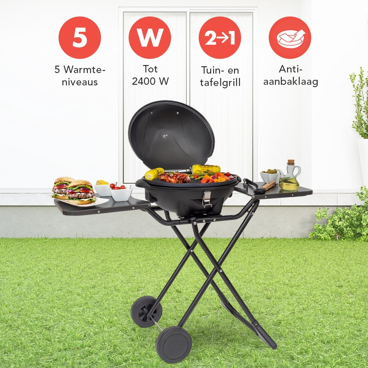 KitchenBrothers Elektrogrill - mit Rädern - klappbar - Antihaftbeschichtung - 46,5 x 33,8cm - bis zu 250Â°C - 2400W - Schwarz