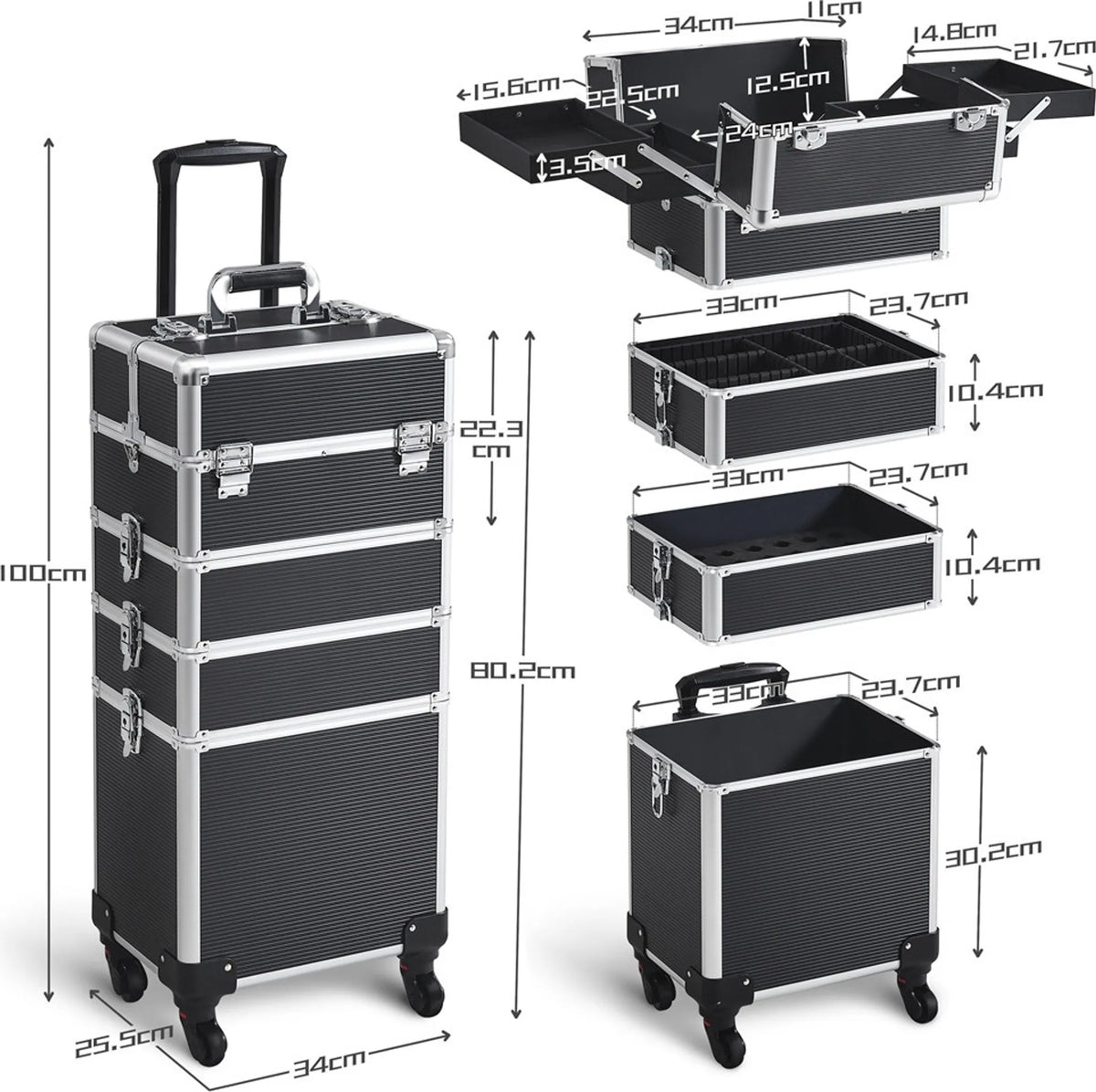 Yaheetech 5-in-1-Make-up-Koffer auf Rollen – abschließbar – 34 x 25,5 x 80,5 cm – Schwarz
