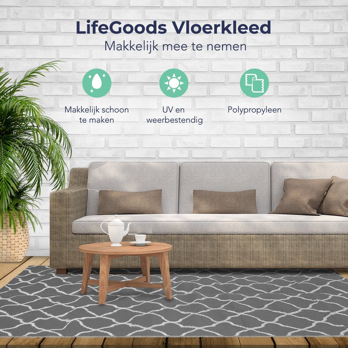 LifeGoods Teppich für den Außenbereich - 152x230CM - Gartenteppich - Teppich für den Außenbereich - Reversibel - Inkl. Tragetasche - Mit Muster - Grau/Weiß