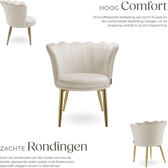 tectake® Sessel Stella – Schalensessel mit Armlehnen – Bequemer Esszimmerstuhl – Küchenstuhl – Dicke Polsterung – Für Wohn- und Esszimmer – Mit Samtbezug – Creme/Gold