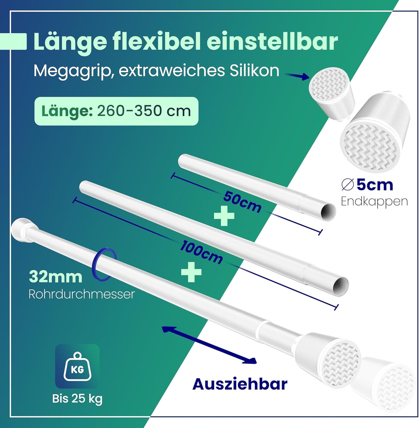 LOBUX® - Gardinenstange ohne Bohren [weiß, 260-350cm] - Teleskopstange Gardinenverlängerung - Duschstange ohne Bohren - Gardinenstange, Duschvorhangstange, Kleiderstange, Klemmstange Katzennetz