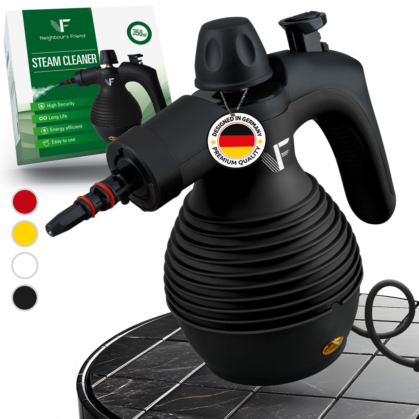 Hand-Dampreiniger Neighbour's Friend – Dampregelung – Inklusive 10 Zubehörteile – 350-ml-Tank – Schwarz
