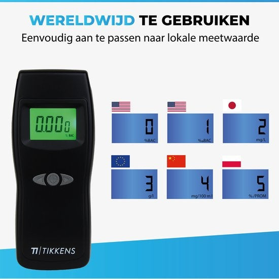 TIKKENSÂ® Digitaler Alkoholtester - Geeignet für Frankreich, Niederlande, Belgien, ... - Alkoholtest - USB Wiederaufladbar - Alkoholtester - 10 Extra Mundstücke - Schwarz