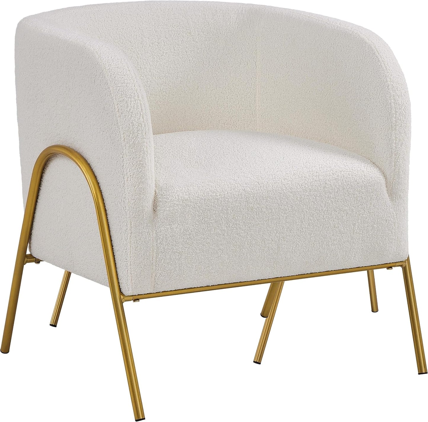 Yaheetech Akzentstuhl Luxuriöser Fassstuhl Bouclé – Goldene V-Beine – Elfenbein – 69 x 69 x 72 cm