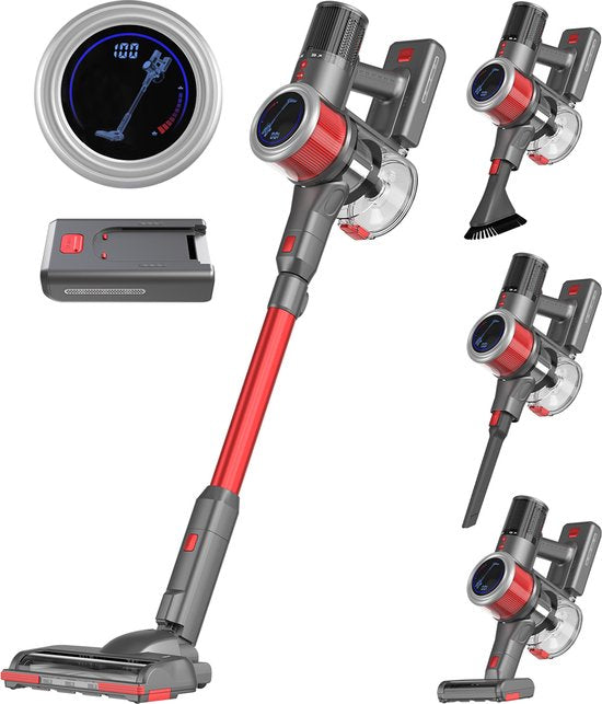 Auronic Cordless Stick Staubsauger - 350W Leistungsstarker Motor - Extra Akku - Bis zu 45 min Betriebsdauer - Leicht & wendig - Rot/Grau