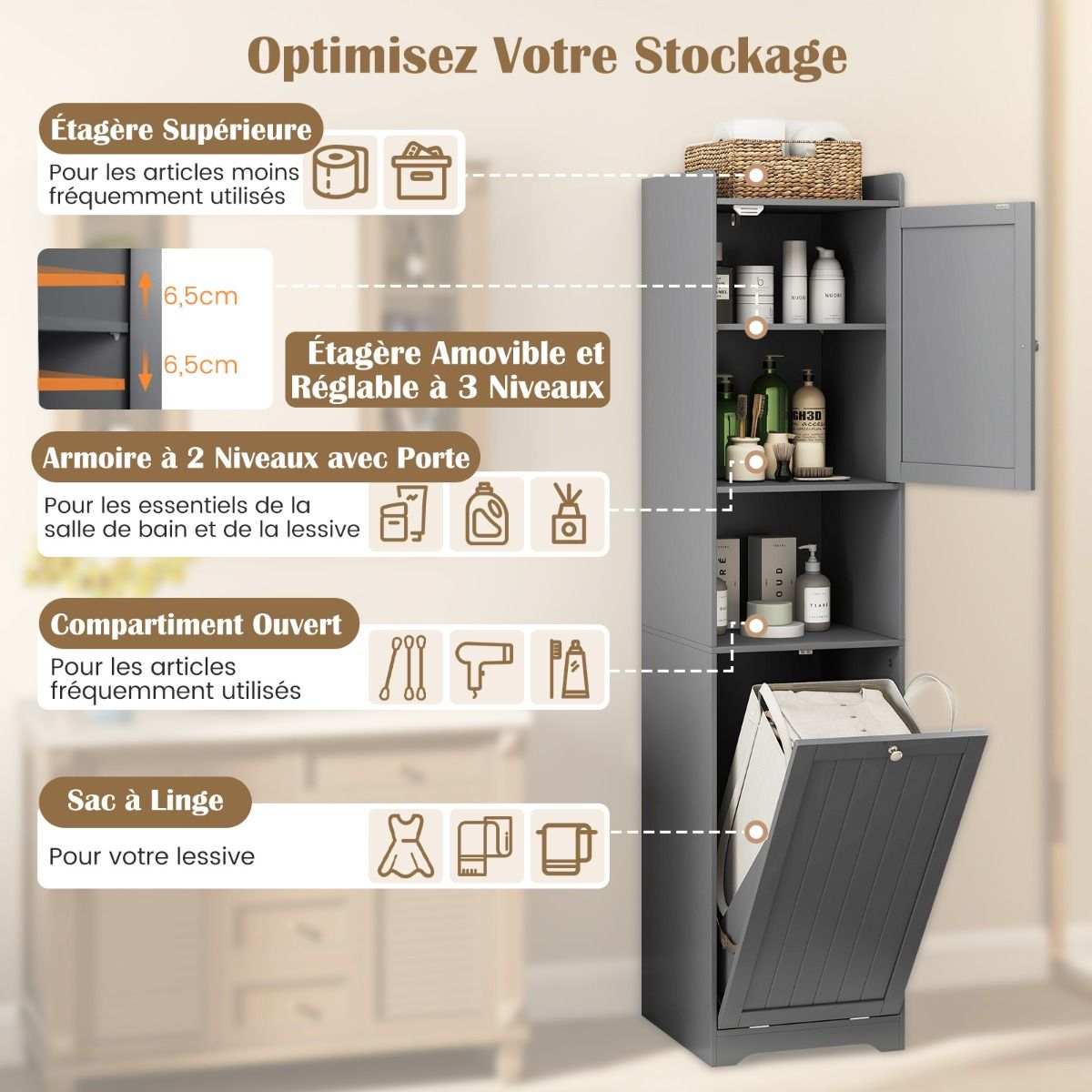 coast hoher Badezimmerschrank 170 cm grau - schmale Wäschesäule mit Wäschesack und verstellbaren Einlegeböden