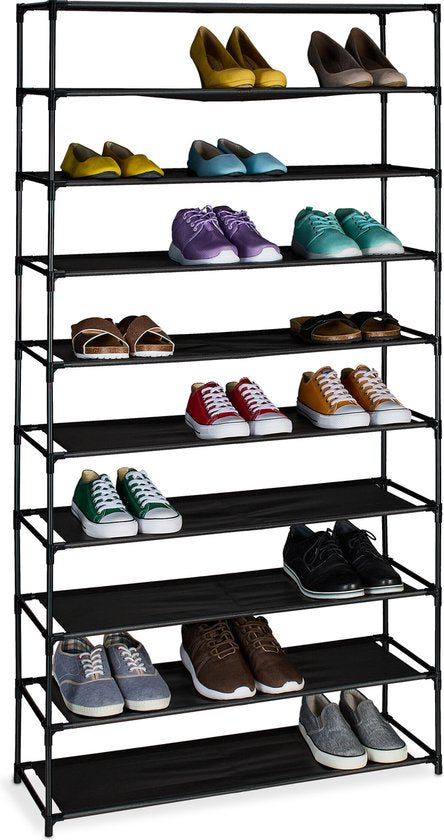 hohes Schuhregal – 10 Ebenen – Metall – Stoff – 83 cm breit – schwarz