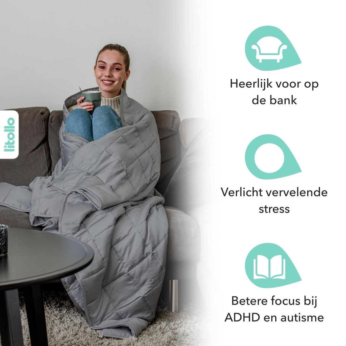 Litollo Weighted Blanket 7 kg - Beschwerungsdecke - 4 Jahreszeiten - Grau - 140x200cm - Inkl. 5 Jahre Garantie